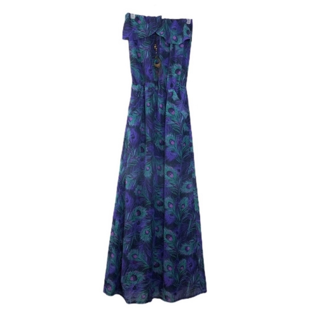 Kirra Purple Teal Peacock Feather Print Patterned Strapless Maxi Dress